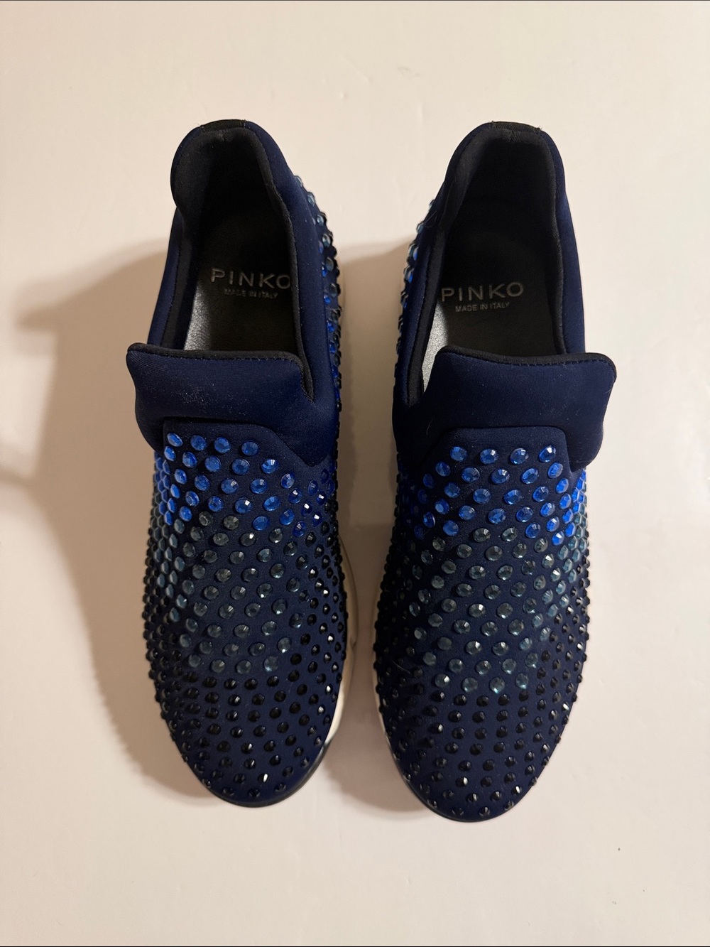Pinko Navy Blue Crystal-Studded Slip-On Loafers/Sneaker Size 8 or 8.5 Like New